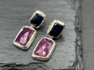 Navy and Purple Rose Cut Sapphire Silver Earrings
