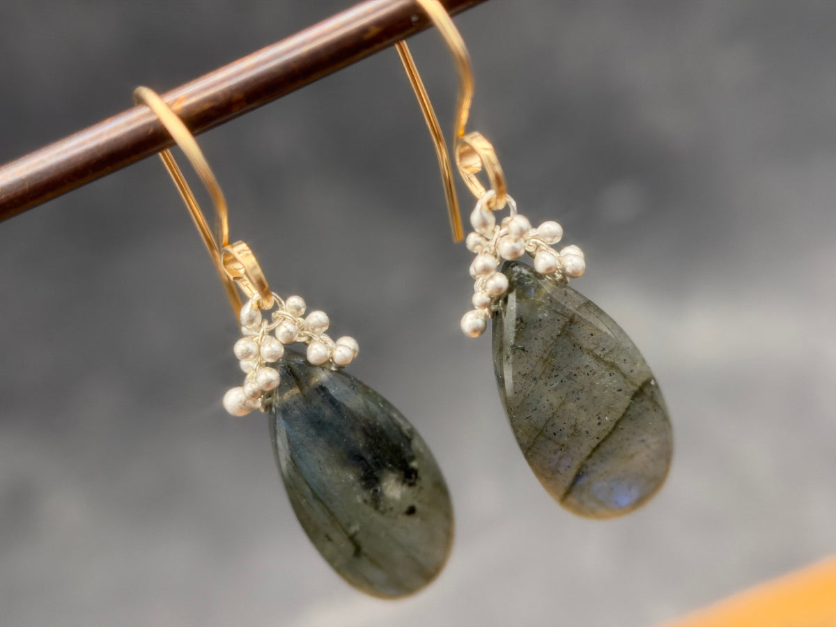 Long Labradorite Caviar Dew Drop Earrings