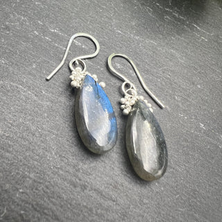 Long Labradorite Caviar Dew Drop Earrings