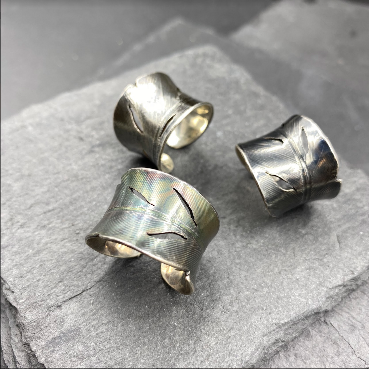 Roller Printed Sterling Silver Feather Rings